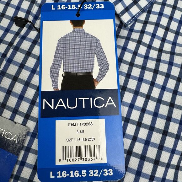 Nautica Mens Large 16-16.5 32/33 Blue Performance Slim Fit Dress Button Up Shirt - Picture 3 of 6